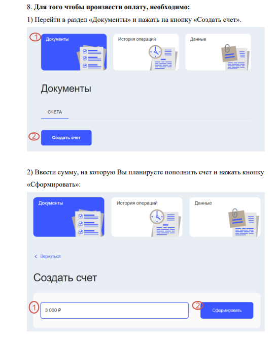 Создание счёта: раздел «Документы», кнопка «Создать счёт», ввод суммы